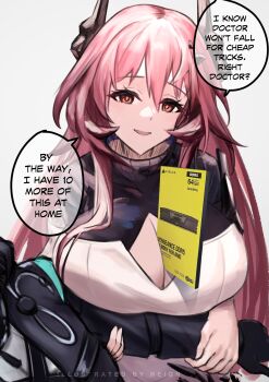 1girl admiral_reign arknights between_breasts black_horns breasts cleavage_cutout clothing_cutout commentary doctor_(arknights) dress english_commentary english_text grabbing_another's_arm highres horns large_breasts long_hair looking_at_viewer pink_eyes pink_hair ram_(computer) solo theresa_(arknights) turtleneck turtleneck_dress white_background white_dress