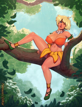 ahoge anklet armlet bikini blonde_hair blue_eyes branch breasts crimson_kaiserin earrings falling_leaves flower_skirt gold_anklet green_shoes huge_breasts jewelry jungle jungle_de_ikou leaf lips mii_(jungle_de_ikou) nature navel necklace one_eye_closed open_mouth orange_bikini shoes short_hair sitting skull_necklace swimsuit tan