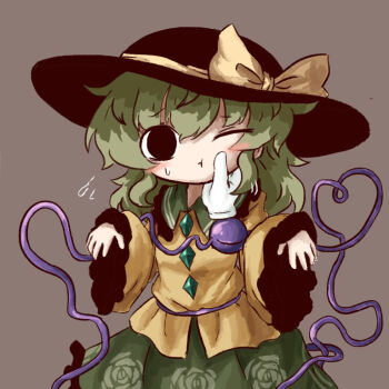 1girl :t black_eyes black_hat blush bow brown_background buttons commentary_request contrast_collar cowboy_shot diamond_button disembodied_hand floral_print flying_sweatdrops frilled_shirt_collar frills green_hair green_skirt hand_on_another&#039;s_cheek hand_on_another&#039;s_face hat hat_bow hat_ribbon heart heart_of_string heripantomorrow komeiji_koishi long_sleeves looking_at_viewer medium_hair one_eye_closed print_skirt ribbon rose_print shirt simple_background skirt sleeves_past_wrists solo_focus standing sweatdrop third_eye touhou wide_sleeves yellow_bow yellow_ribbon yellow_shirt