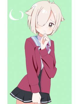 1girl absurdres ahoge black_dress blonde_hair blush closed_mouth collared_shirt commentary_request cowboy_shot dot_nose dress green_background grey_eyes hair_flaps hair_over_one_eye hand_on_own_chin hand_up highres jacket kusunoki_mebuki_wa_yuusha_de_aru long_sleeves looking_at_viewer neck_ribbon one_eye_covered pink_ribbon pleated_dress pleated_skirt red_jacket ribbon school_uniform shirt short_hair simple_background skirt smile solo split_mouth standing white_shirt yamabushi_shizuku yamoiro yuusha_de_aru