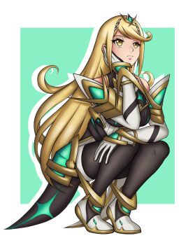1girl absurdres arm_guards bare_shoulders black_pantyhose blonde_hair breasts dress earrings elbow_gloves ememtrp floating_earrings gloves gold hand_up head_rest highres jewelry large_breasts long_hair microdress mythra_(massive_melee)_(xenoblade) mythra_(xenoblade) neon_trim pantyhose solo squatting swept_bangs thigh_strap tiara very_long_hair white_dress white_gloves xenoblade_chronicles_(series) xenoblade_chronicles_2 yellow_eyes