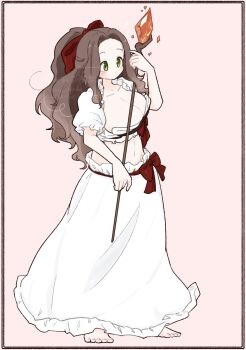 1girl barefoot blush bow breasts brown_hair cleavage closed_mouth commentary dot_mouth forehead frilled_shirt frills full_body green_eyes hair_bow highres holding holding_staff inset_border large_breasts long_hair looking_ahead mage_staff navel olto_rondo original pink_background red_bow shirt short_sleeves simple_background skirt solo staff symbol-only_commentary white_shirt white_skirt