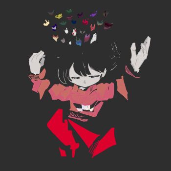 Rule 34 | 1girl, 3ma can omochi, abstract, annotation request, arms up, black background, black hair, blending, braid, closed eyes, commentary, cropped legs, facing viewer, floating hair, hair floating upwards, highres, long hair, long sleeves, madotsuki, pink sweater, print sweater, red skirt, simple background, skirt, solo, sweater, turtleneck, turtleneck sweater, yume nikki
