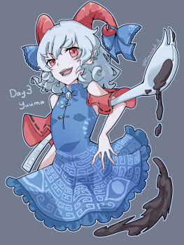 Rule 34 | 1girl, aomurasaki r, blue dress, character name, curly hair, detached sleeves, dress, earrings, fork, frilled dress, frills, grey background, highres, hoop earrings, horn ornament, horn ribbon, horns, jewelry, looking at viewer, open mouth, pointy ears, red eyes, red horns, red sleeves, ribbon, sharp teeth, sheep horns, solo, spoon, spork, teeth, touhou, toutetsu yuuma, twitter username, white hair