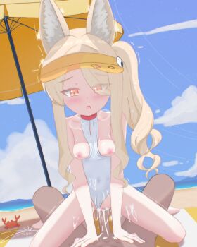 1boy 1girl absurdres animal_ear_fluff beach blonde_hair blue_archive blue_sky breasts clothing_aside covered_navel cowgirl_position cum cum_in_pussy cum_overflow day erection fox_tail girl_on_top hair_over_one_eye hetero highres long_hair nipples one-piece_swimsuit open_mouth outdoors penis pov seia_(blue_archive) seia_(swimsuit)_(blue_archive) sex shadow_(notkayoko) sky small_breasts solo_focus straddling swimsuit swimsuit_aside tail uncensored vaginal visor_cap white_one-piece_swimsuit