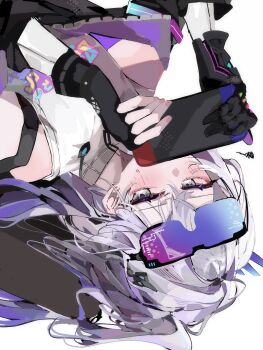 1girl absurdres bare_shoulders black_gloves black_jacket blush commentary_request covered_mouth eyewear_on_head fingerless_gloves fingernails gloves gradient-tinted_eyewear gradient_hair grey_eyes grey_hair handheld_game_console highres holding holding_handheld_game_console honkai:_star_rail honkai_(series) jacket long_hair looking_at_viewer lying multicolored_hair nintendo_switch on_back open_clothes open_jacket popopoyu0 purple_hair shirt silver_wolf_(elation)_(honkai:_star_rail) silver_wolf_(honkai:_star_rail) simple_background single_fingerless_glove sleeveless sleeveless_shirt solo sweatdrop tinted_eyewear turtleneck turtleneck_shirt two-tone_hair white_background white_shirt