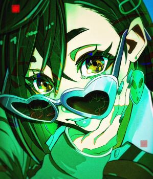 1girl aqua_nails ayase_momo blue-framed_eyewear blue_lips blue_shirt bow bowtie brown_eyes close-up closed_mouth commentary crossed_bangs dandadan davoxime earrings english_commentary eyelashes green_bow green_bowtie green_hair green_sweater green_theme hair_ornament hairclip hand_on_own_chin heart heart-shaped_eyewear highres jewelry lips long_sleeves looking_at_viewer nail_polish shirt shirt_under_sweater short_hair solo sunglasses sweater thick_eyebrows upper_body wing_collar