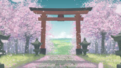 Rule 34 | absurdres, architecture, cherry blossoms, cloud, cloudy sky, east asian architecture, falling petals, fasnakegod, grass, hakurei shrine, highres, no humans, petals, scenery, shinto, shrine, sky, torii, touhou