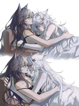 2girls absurdres animal_ears ara_200117 arknights bite_mark bite_mark_on_breast bite_mark_on_shoulder black_camisole black_hair black_nails camisole closed_mouth commentary_request cuddling grey_eyes hickey highres imminent_kiss korean_commentary lappland_(arknights) long_hair multiple_girls scar scar_across_eye scar_on_face strap_slip texas_(arknights) under_covers white_hair wolf_ears yuri