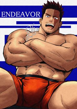 Rule 34 | 1boy, absurdres, balo dqx ff14, bara, beard stubble, biceps, boku no hero academia, boxers, character name, commentary request, endeavor (boku no hero academia), facial hair, highres, looking at viewer, looking down, male focus, male underwear, muscular, muscular male, open mouth, orange male underwear, pectoral cleavage, pectorals, red hair, scar, scar across eye, scar on face, signature, sitting, stomach hair, stubble, topless male, underwear
