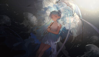 Rule 34 | 1girl, absurdres, aqua hair, bare shoulders, breasts, choker, collarbone, commentary request, dress, echosdoodle, grey eyes, highres, holding, holding umbrella, jellyfish, long hair, looking at viewer, original, personification, pointy ears, revision, small breasts, solo, twintails, umbrella, underwater, white dress