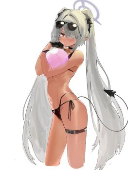 1girl absurdres bikini black_bikini black_tail blue_archive blush commentary_request dark-skinned_female dark_skin demon_tail eyewear_on_head gloves grey_hair hair_over_one_eye halo highres iori_(blue_archive) iori_(swimsuit)_(blue_archive) korean_commentary long_hair looking_at_viewer multi-strapped_bikini_bottom navel official_alternate_costume pointy_ears purple_halo red_eyes rokun sharp_tail side-tie_bikini_bottom solo string_bikini sunglasses swimsuit tail thigh_strap twintails very_long_hair