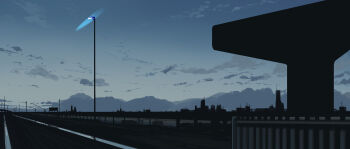 absurdres blue_sky building cloud commentary dark dated_commentary english_commentary gracile guard_rail highres lamppost no_humans original outdoors road scenery silhouette sky skyline twilight