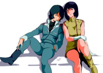 1boy 1girl aeug belt black_hair blue_eyes blue_hair boots breasts dress fa_yuiry gloves gundam highres jacket kamille_bidan long_sleeves looking_at_viewer military_uniform open_mouth pgmajimaji retro_artstyle shirt short_hair sleeveless white_gloves zeta_gundam