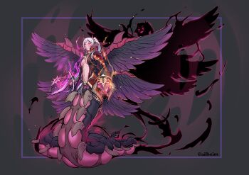 1girl absurdres ailheim alternate_costume armor aura black_feathers black_robe black_scales black_tail black_wings breasts breath_weapon breathing_fire bright_pupils center_opening clothing_cutout corruption cosplay covered_erect_nipples dark_aura dark_persona dragon dragon_girl dragon_horns dragon_tail evil_grin evil_smile extra_eyes eyes_of_grima faulds feathered_wings feathers female_robin_(fire_emblem) female_robin_(grima)_(fire_emblem) female_robin_(grima)_(tyrant_of_despair)_(fire_emblem) fire fire_emblem fire_emblem_awakening fire_emblem_cipher fire_emblem_heroes full_body glowing glowing_eyes glowing_markings gold_necklace gorgon_(fire_emblem) gradient_clothes gradient_wings grima_(fire_emblem) grin hair_between_eyes half-closed_eyes high_collar highres hip_armor horns intelligent_systems jewelry lamia living_shadow long_tail medium_breasts monster_girl multicolored_wings multiple_heads multiple_wings navel navel_cutout neck_ring necklace nintendo parted_bangs possessed possession purple_feathers purple_fire purple_wings red_eyes robe scales shadow sharp_teeth sidelocks slit_pupils smile solo spread_wings stomach swept_bangs tail teeth twintails underboob validar_(fire_emblem) validar_(fire_emblem)_(cosplay) white_hair white_pupils wings
