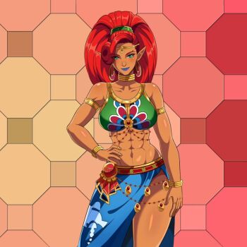 1girl abs aliasing alternate_breast_size_(larger) armlet blue_skirt bracelet breasts circlet commentary contrapposto cowboy_shot crop_top dark-skinned_female dark_skin earrings english_commentary green_eyes hand_on_own_hip heyreza.art high_ponytail highres hoop_earrings jewelry large_breasts long_hair multiple_rings navel neck_ring nintendo pointy_ears ponytail red_hair ring side_slit skirt solo the_legend_of_zelda the_legend_of_zelda:_breath_of_the_wild urbosa