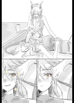 2girls arknights barefoot beer_can can ch&#039;en_(arknights) closed_eyes closed_mouth commentary_request dragon_horns dragon_tail drink_can greyscale hand_in_another&#039;s_hair highres hill_chuchu holding holding_can horns hoshiguma_(arknights) lap_pillow monochrome multiple_girls parted_lips scar scar_on_face single_horn smile sparkle spot_color tail yellow_eyes yuri