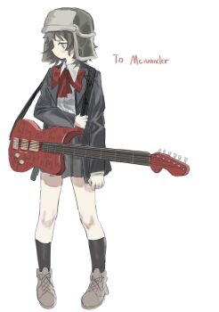 1984_(cw1000110) 1girl absurdres bow bowtie brown_eyes brown_hair check_copyright collared_shirt copyright_request electric_guitar expressionless full_body fur-trimmed_headwear fur_trim guitar guitar_strap hat highres instrument jacket jitome long_sleeves looking_down looking_to_the_side open_clothes open_jacket original pleated_skirt school_uniform shirt short_hair skirt socks solo ushanka