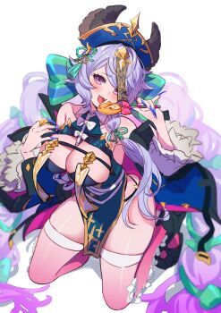 Rule 34 | 1girl, aki663, animal ears, bare shoulders, blue nails, blush, bow, bow legwear, braid, breasts, candy, china dress, chinese clothes, cleavage, detached sleeves, dress, fangs, fingernails, food, gradient legwear, granblue fantasy, hair bow, highres, holding, holding candy, holding food, holding lollipop, jiangshi costume, kneeling, lollipop, long hair, looking at viewer, low twin braids, official alternate costume, ofuda, ofuda on head, open mouth, purple eyes, purple hair, satyr (granblue fantasy), satyr (halloween) (granblue fantasy), sharp fingernails, simple background, skindentation, smile, solo, twin braids, very long fingernails, very long hair, white background