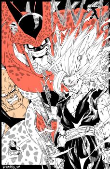 1girl 5boys absurdres android_18 artist_name aura cell_max clenched_teeth dougi dragon_ball dragon_ball_super dragon_ball_super_super_hero electricity fat_gotenks fenyon floating gohan_beast gotenks highres kuririn limited_palette metamoran_vest multiple_boys open_mouth orange_piccolo piccolo red_eyes sash smile smirk son_gohan spiked_hair spoilers teeth wristband