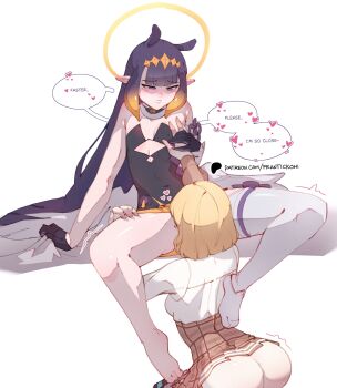 2girls absurdres animal_ears ass barefoot black_dress black_gloves blonde_hair blue_eyes blush brown_skirt commentary cunnilingus dress english_commentary frantic_(frantickohi) gloves highres hololive hololive_english kneeling long_sleeves medium_hair multiple_girls ninomae_ina'nis ninomae_ina'nis_(1st_costume) oral plaid_clothes plaid_skirt pointy_ears purple_hair shirt shirt_tucked_in simple_background single_thighhigh sitting skirt thighhighs virtual_youtuber wariza watson_amelia watson_amelia_(1st_costume) white_background white_shirt white_thighhighs yuri