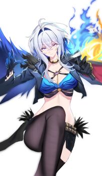 1girl absurdres ahoge aiming aiming_at_viewer black_jacket black_pantyhose black_shorts black_thighhighs blue_bra bra breasts cleavage closed_mouth cropped_jacket galbrena_(wuthering_waves) gold_choker grey_hair hair_intakes highres jacket medium_hair mutation pantyhose purple_eyes qishier_shi_ya_tuo shorts simple_background single_leg_pantyhose single_thighhigh solo stomach thighhighs thighs underwear white_background wuthering_waves
