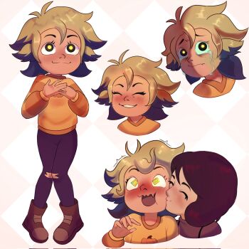 1girl 1other @_@ amba_si bird black_eyes blonde_hair blue_hair boots brown_hair closed_eyes full_body hand_on_own_chest highres kiss kissing_cheek long_sleeves masha_(the_owl_house) non-binary open_mouth owl pants sad short_hair smile surprised sweater tears teeth the_owl_house vee_(the_owl_house) wavy_mouth yellow_pupils yellow_sweater