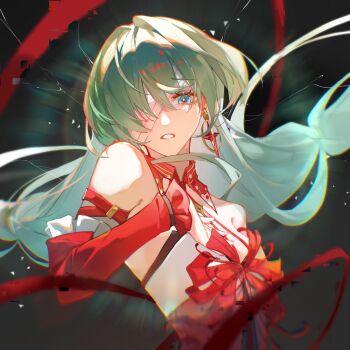 Rule 34 | 1girl, absurdres, bandage over one eye, bare shoulders, blue eyes, chinese commentary, commentary request, dark background, detached sleeves, dress, glitch, grey hair, hand on own chest, highres, long hair, looking at viewer, one eye covered, parted lips, phrolova (wuthering waves), red dress, shi'er youshui, sleeveless, sleeveless dress, solo, upper body, wuthering waves