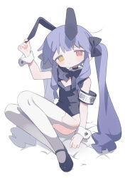 Rule 34 | 1girl, animal ears, armband, blue hair, bow, bowtie, buttoned cuffs, daizu (melon-lemon), detached collar, extra ears, full body, hair bow, hand up, heterochromia, highres, leotard, long hair, looking at viewer, mary janes, original, playboy bunny, rabbit ears, red eyes, shoes, simple background, sitting, solo, strapless, strapless leotard, thighhighs, twintails, very long hair, white background, white thighhighs, wrist cuffs, yellow eyes