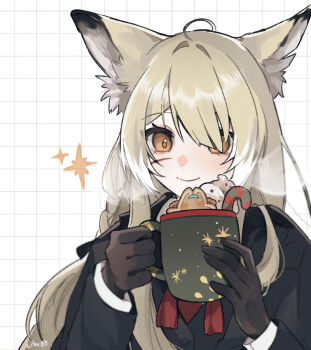1girl animal_ears arknights black_gloves commentary_request cup fox_ears fox_girl gloves holding holding_cup korean_commentary long_hair mug o_chu_pen smile solo vulpisfoglia_(arknights)