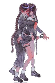 2girls black_shirt black_shoes black_skirt blush braid breasts brown_hair clothes_lift commentary_request corrupted_twitter_file danganronpa:_trigger_happy_havoc danganronpa_(series) dual_persona fukawa_toko full_body genocider_sho glasses grabbing_from_behind grey_eyes hamuseutta highres holding holding_scissors holster korean_commentary legs lifting_another's_clothes long_hair long_skirt long_sleeves long_tongue mole mole_under_mouth multiple_girls neckerchief nervous_sweating pleated_skirt red_eyes red_neckerchief round_eyewear sailor_collar sailor_shirt school_uniform scissors selfcest serafuku shirt shoes skirt skirt_lift smile socks standing sweat thigh_holster thigh_marking tongue tongue_out turn_pale twin_braids very_long_hair white_sailor_collar white_socks yuri