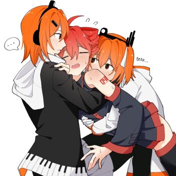 ... 2girls a.i._voice adachi_rei arm_tattoo bare_shoulders black_jacket black_pantyhose black_shirt black_skirt black_sleeves blush braid closed_eyes commentary_request detached_sleeves flying_sweatdrops girl_sandwich gloves grey_skirt hair_ribbon headphones hood hoodie hug jacket kasane_teto medium_hair multiple_girls open_mouth orange_eyes orange_hair pantyhose piano_print red_hair ribbon sandwiched shirt simple_background skirt spoken_ellipsis sweat tattoo twin_braids utau white_background white_gloves white_hoodie white_ribbon yi_xing_luren yuri