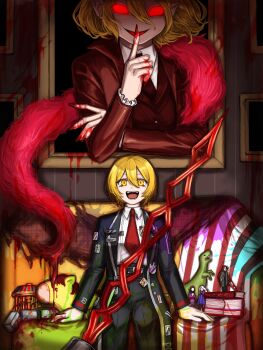 2girls :d argalia_(project_moon) black_coat blonde_hair blood book book_stack carousel character_doll coat commentary couch dinosaur doll don_quixote_(project_moon) donkey dual_persona e.g.o_(project_moon) english_commentary evil_smile feet_out_of_frame finger_to_mouth fingernails glowing glowing_eyes hair_between_eyes highres iori_(project_moon) kali_(project_moon) la_sangre_de_sancho_(e.g.o) lance library_of_ruina limbus_company long_sleeves looking_at_viewer multiple_girls necktie nra_3614 on_couch open_mouth pointy_ears polearm portrait_(object) project_moon red_coat red_necktie sancho_(project_moon) sharp_fingernails shirt shushing sitting smile spoilers through_medium through_painting toy toy_train weapon white_shirt yellow_eyes