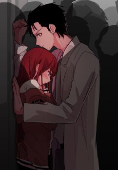 1girl against_door averting_eyes beard_stubble black_hair black_pants black_shorts blush bright_pupils brown_eyes brown_jacket clenched_hand closed_mouth coat commentary couple crowd crowded door dress_shirt embarrassed face-to-face facial_hair from_side hair_slicked_back hand_on_wall hands_on_own_chest heads_together height_difference highres jacket kabedon lab_coat long_coat long_hair long_sleeves looking_at_viewer looking_down looking_to_the_side makise_kurisu off_shoulder okabe_rintarou own_hands_together pants people purple_eyes red_hair science_adventure shirt shorts shy sideburns steins;gate stubble suehiroch0 train_interior upper_body white_coat white_pupils white_shirt