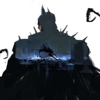 1boy absolute_batman absolute_dc back back_spikes bat_mask batman black_cape cape commentary cowl dc_comics english_commentary from_behind goddamnmushroom highres looking_back male_focus reflection reflection_focus solo superhero_costume taut_bodysuit