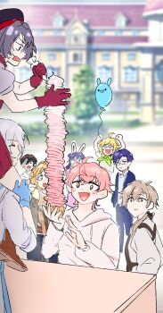 +_+ 2girls 6+boys :d :o :| ^_^ ahoge animal_balloon animal_ear_hairband animal_ears apron aqua_eyes ayn_alwyn balloon beret black_apron black_hair black_hat black_pants blonde_hair blue_apron blue_eyes blue_gloves blue_hair blue_jacket blue_pants blurry blurry_background boots brown_boots brown_hair brown_jacket building cael_anselm carrying character_print chinese_commentary clarence_clayden closed_eyes closed_mouth clyde_(lovebrush_chronicles) collared_shirt constricted_pupils covering_own_mouth cowboy_shot cup cupcake curtained_hair decorating_baked_goods dress drinking_straw drooling fake_animal_ears fang food fur-trimmed_jacket fur_trim furrowed_brow game_screenshot_background glasses gloves green_scarf hair_between_eyes hair_ribbon hairband hat heroine_(lovebrush_chronicles) highres holding holding_balloon holding_cup holding_food holding_pastry_bag hood hood_down hoodie jacket jaclyn_(lovebrush_chronicles) lars_rorschach long_hair long_sleeves looking_at_food looking_up lovebrush_chronicles low_ponytail mouth_drool multiple_boys multiple_girls nervous o'connor_(lovebrush_chronicles) open_mouth pants parted_bangs pastry_bag pink_dress pink_hoodie ponytail print_shirt puffy_short_sleeves puffy_sleeves purple_eyes purple_hair rabbit_ear_hairband rabbit_ears rectangular_mouth red_apron red_gloves ribbon scarf screenshot_background shirt short_hair short_sleeves shoulder_carry sleeves_rolled_up smile speranza297 standing surprised sweatdrop table too_much_food unamused upper_body whipped_cream white_hair white_shirt william_(lovebrush_chronicles)