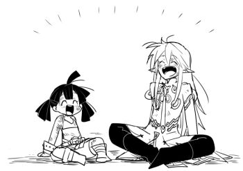 1boy 1girl ahoge boots cestus_(sekaiju) cestus_2_(sekaiju) dirty dirty_clothes dirty_face elf etrian_odyssey kokecoo laughing long_hair monochrome on_ground pointy_ears sekaiju_no_meikyuu sekaiju_no_meikyuu_5 sitting warlock_(sekaiju) warlock_3_(sekaiju)