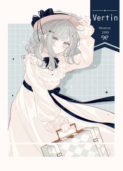 1girl :t absurdres alternate_costume arm_up bib_collar black_bow black_bowtie blue_background blue_bow boater_hat border bow bowtie character_name commentary copyright_name dress grey_eyes grey_hair grid_background hair_bun hair_ornament hairclip hand_on_headwear hand_up hat hat_bow highres long_sleeves looking_at_viewer medium_hair outside_border pout puffy_long_sleeves puffy_sleeves relele reverse:1999 shadow single_side_bun solo suitcase upper_body vertin_(reverse:1999) waist_bow white_border white_dress white_hat
