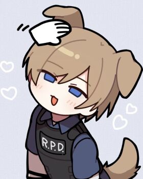1boy animal_ears black_vest blue_eyes blue_shirt brown_hair bulletproof_vest collared_shirt commentary dog_boy dog_ears dog_tail headpat heart leon_s._kennedy male_focus open_mouth parted_bangs police police_uniform redvvvred resident_evil resident_evil_2 shirt short_sleeves smile symbol-only_commentary tail vest