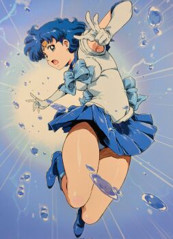 1girl armpits bishoujo_senshi_sailor_moon blue_background blue_boots blue_bow blue_bowtie blue_choker blue_eyes blue_hair blue_skirt boots bow bowtie breasts bubble choker circlet commentary emphasis_lines gloves highres hydrokinesis impossible_clothes impossible_leotard leotard magical_girl medium_breasts miniskirt mizuno_ami pleated_skirt sailor_mercury sailor_senshi_uniform shabon_spray short_hair skirt smash_k-tarou solo sparkle thighs water white_gloves white_leotard