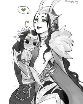 absurdres alien animification antennae avengers_(series) black_hair closed_mouth green_eyes guardians_of_the_galaxy highres holding horns hug lady_loki loki_(marvel) long_hair long_sleeves mantis_(marvel) marvel marvel_rivals marydjiang medium_hair open_mouth short_hair simple_background smile yuri