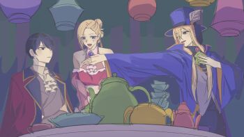 1girl 2boys arabian_clothes black_eyes black_hair blonde_hair blue_hat braid commentary_request cup flop_o&#039;connell hanging_from_ceiling hat hat_feather highres jacket korean_commentary medium_o&#039;connell multiple_boys multiple_braids re:zero_kara_hajimeru_isekai_seikatsu red_jacket sunsheller table tea teacup vincent_vollachia