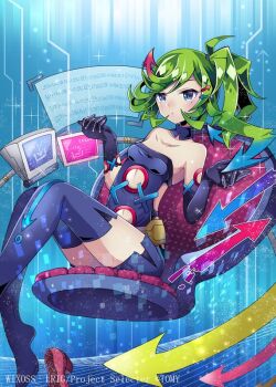 1girl blue_boots blue_gloves blue_leotard boots breasts cleavage closed_mouth copyright_notice elbow_gloves gloves green_hair holographic_interface kei_s01 leotard looking_at_viewer medium_breasts medium_hair official_art one_side_up purple_eyes solo sunkco_(wixoss) thigh_boots wixoss