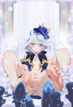 1girl 912637808 absurdres ahoge air_bubble bar_censor bare_legs barefoot blue_eyes blue_hair blue_hat blush breasts bubble censored feet foot_focus full_body furina_(genshin_impact) furrowed_brow genshin_impact hair_between_eyes hands_on_own_cheeks hands_on_own_face hat heart heart-shaped_pupils heterochromia highres legs light_blue_hair liquid long_hair medium_breasts multicolored_hair navel pussy sidelocks sitting solo spread_legs stomach suggestive_fluid symbol-shaped_pupils toenails toes wet