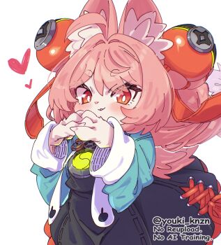 1girl animal_ear_fluff animal_ears black_dress blue_shirt braid bright_pupils commentary_request dress furry furry_female hair_ornament heart highres long_hair looking_at_viewer own_hands_together parted_lips pinafore_dress pink_fur pink_hair rabbit_ears rabbit_girl red_eyes shirt short_eyebrows simple_background sleeveless sleeveless_dress solo sphere_hair_ornament thick_eyebrows twin_braids watermark white_background white_pupils yuuki_(yuyuki000) zenless_zone_zero zhao_(zenless_zone_zero)