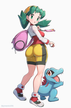 1girl ass bike_shorts blue_eyes blue_hair blush breasts commentary_request fangs full_body gen_2_pokemon gonzarez hat highres holding holding_poke_ball jacket kris_(pokemon) large_breasts long_hair long_sleeves looking_at_viewer nintendo open_mouth parted_lips poke_ball poke_ball_(basic) pokegear pokemon pokemon_(creature) pokemon_gsc purple_bag red_eyes red_shirt sharp_teeth shirt shoes shorts simple_background tail teeth totodile twintails white_background white_jacket yellow_hat yellow_shorts