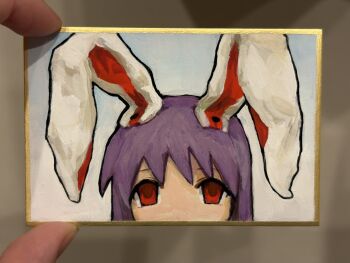 Rule 34 | 1girl, animal ears, aoiseshin, artist's hand in frame, close-up, commentary request, highres, looking at viewer, photo (medium), portrait, purple hair, rabbit ears, rabbit girl, red eyes, reisen udongein inaba, solo, straight-on, touhou, traditional media