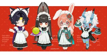 1boy 3girls absurdres animal_ear_fluff animal_ears apron asaba_harumasa bandaid bandaid_on_leg black_dress black_hair blue_horns blue_oni blue_skin blue_tail blush bow closed_mouth colored_skin crossdressing crossdressing_(mtf) dress ear_piercing fake_animal_ears flower_hairpin food fox_ears fox_girl fruit glasses green_dress hair_between_horns hair_bow headband highres holding holding_plate horns hoshimi_miyabi katana long_hair looking_at_viewer maid maid_apron maid_headdress male_maid melon multicolored_horns multiple_girls naru9 one_eye_closed oni open_mouth piercing pink_hair plate pointy_ears rabbit_ears red_background red_bow red_eyes short_hair skin-covered_horns smile soukaku_(zenless_zone_zero) standing standing_on_one_leg sword tsukishiro_yanagi two-tone_horns two-tone_tail weapon weapon_on_back white_bow white_hair yellow_eyes yellow_headband zenless_zone_zero