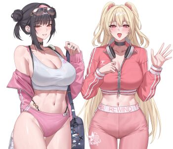 2girls absurdres albino_animal bag bag_charm bare_shoulders bikini bikini_under_clothes black_choker black_hair blonde_hair blunt_bangs blush bottle breasts brown_eyes buruma charm_(object) choker clay_(cheer_up_training)_(nikke) clay_(nikke) cleavage collarbone commentary cowboy_shot crop_top double_bun duplicate eyewear_on_head fang goddess_of_victory:_nikke grin groin hair_between_eyes hair_bun hairband headphones headphones_around_neck heart_in_eyelashes highres holding holding_bottle jacket jewelry katrinabluuuuu large_breasts leggings long_hair long_sleeves looking_at_viewer midriff multiple_girls navel official_alternate_costume open_clothes open_jacket open_mouth panties panties_under_buruma pants panty_straps partially_unzipped pink-framed_eyewear pink_buruma pink_eyes pink_hairband pink_jacket pink_leggings pink_pants plastic_bottle presenting_own_body presenting_own_breasts red_eyes ring short_hair shoulder_bag simple_background single_earphone smile snake snake_on_shoulder sora_(nikke) sora_(spring_flight)_(nikke) sports_bra sportswear sunglasses swimsuit tank_top teeth thighs tight_clothes tight_pants track_jacket twintails two_side_up underwear upper_teeth_only very_long_hair water_bottle waving white_background white_sports_bra white_tank_top yoga_pants