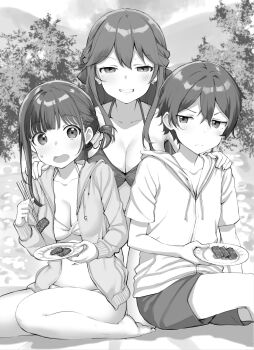 Rule 34 | 1boy, 2girls, barefoot, bikini, blush, breasts, brother and sister, brother and step-sister, chopsticks, cleavage, collarbone, commentary request, greyscale, grin, hand on another's shoulder, highres, holding, holding chopsticks, holding plate, irido mizuto, irido yume, jacket, large breasts, long hair, looking at viewer, mamahaha no tsurego ga moto kano datta, medium breasts, monochrome, multiple girls, navel, novel illustration, official art, open clothes, open jacket, open mouth, outdoors, plate, second-party source, short hair, shorts, siblings, sitting, smile, step-brother and step-sister, step-siblings, sweat, swimsuit, takayaki